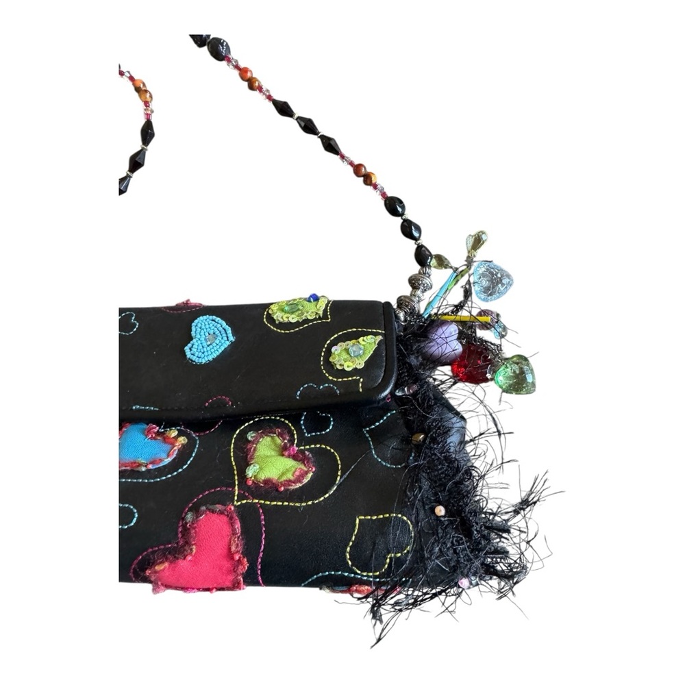 Rare! Vintage Mary Frances Black Shoulder Bag Beaded Colorful Heart Accents - Picture 7 of 17